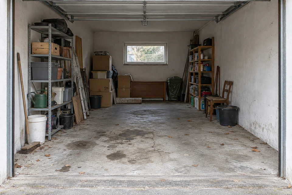 Beispiel vor der Entrümpelung: Garage mit Regalen, Kartons und abgestellten Gegenständen.