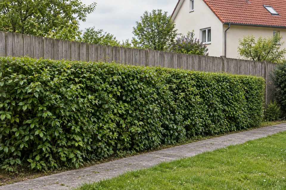 Beispiel nach dem Pflegeschnitt: dieselbe Hecke gleichmäßig geschnitten, bei unverändertem Garten und Haus.