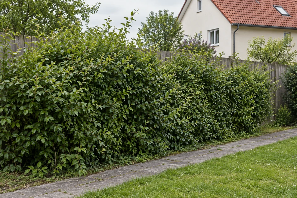 Beispiel vor dem Pflegeschnitt: ungleichmäßig überwachsene Gartenhecke vor einem Holzzaun.